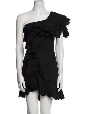 Isabel Marant Black Asymmetric Ruffle One-Shoulder Mini Dress